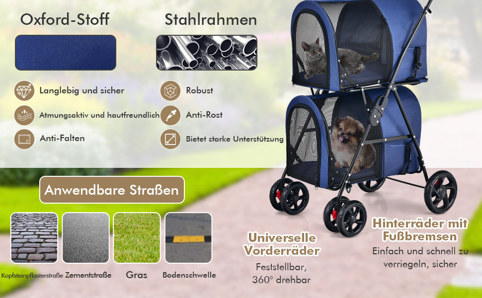 COSTWAY Двоповерховий візок для собак та котів, до 16 кг, з сітчастими віконцями, тримачем для напоїв та гаком для буксирування, блакитний