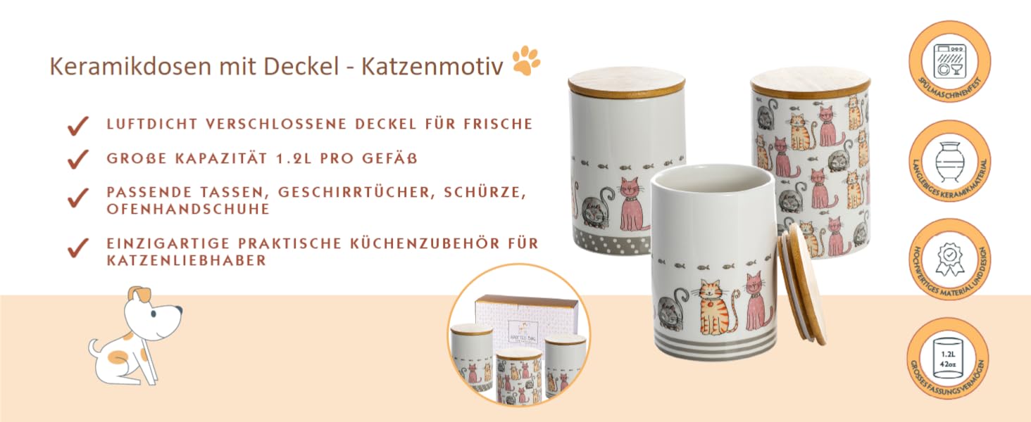 Набір контейнерів для зберігання SPOTTED DOG GIFT COMPANY з кераміки з кришкою, 3 шт. (1.2 л, котячий мотив)