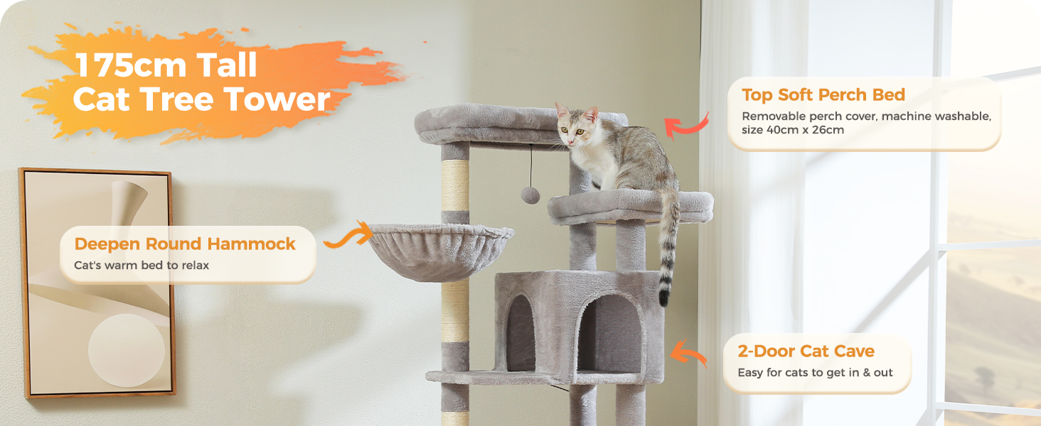 PAWZ Road Великий котячий комплекс з дряпалкою, 175 см, багатоярусний, для великих котів, будиночок з 5 дряпальних стовпів з сизалю, лоток, гамак та плюшеві лежанки, сірий