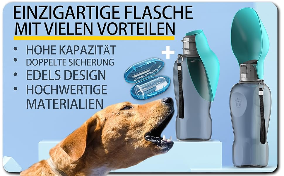 Набір для собак 2 шт: велика складана пляшка для води 800 мл та щітка для зубів | Пляшка для собак преміум-якість, блакитна, 800 мл