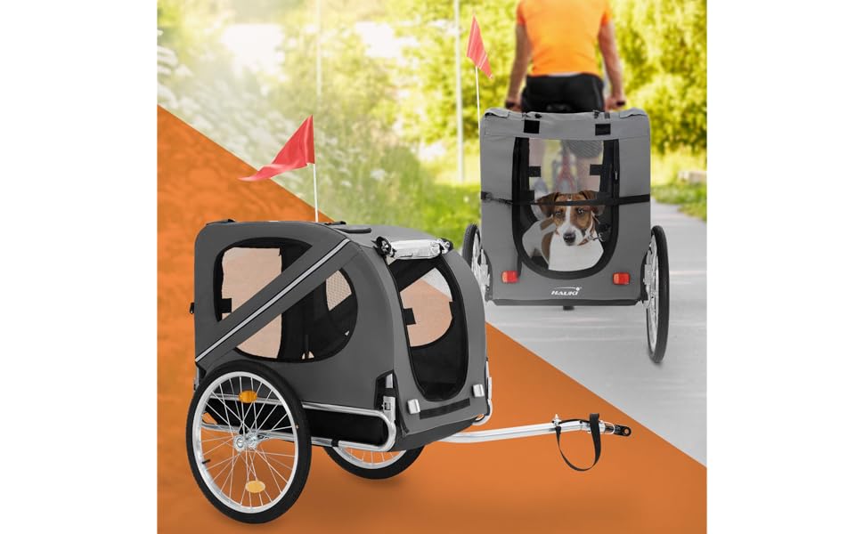 Фаркоп-причіп для велосипеда Hauki 2-в-1: для собак та дітей, сірий, 130x72x90 см, до 40 кг, з відбивачами, мотузкою та прапорцем