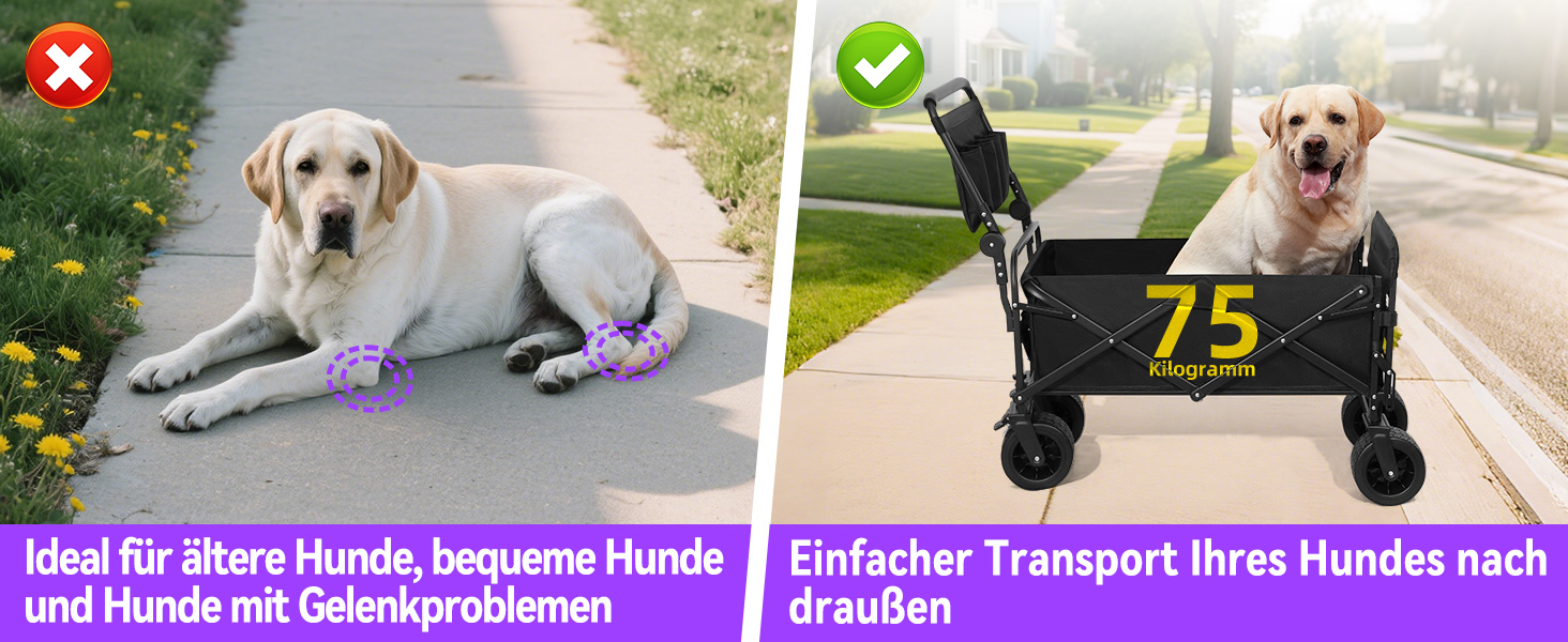 Візок для собак до 50 кг, розкладний, чорний - без даху. Візок-будка з безкамерними шинами для бездоріжжя, регульованою ручкою та заднім отвором для зручного завантаження. Підходить для великих та літніх собак, після операцій.