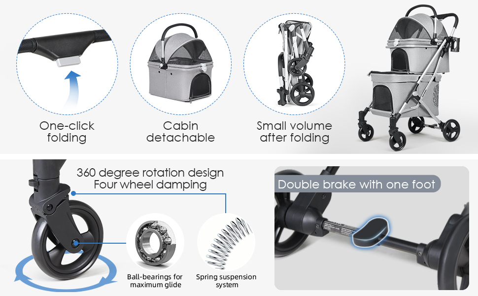 Beberoad Розкладний візок для собак, 2 яруси, для маленьких собак та котів, візок-переноска для домашніх тварин, чорний