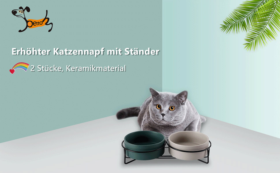 Набір мисок для котів PETTOM з підставкою (2 шт.), кераміка, захист шиї, зелений + сірий