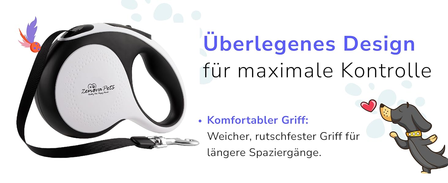 Рулетка для собак Zenova Pets 5м з тримачем для відходів, нейлоновий поводок 360°, антиковзний руків'я та кнопка швидкого гальмування. Підходить для собак великих, середніх та малих порід до 30 кг