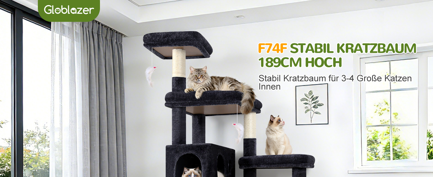 Комплекс для котів Globlazer Kratzbaum 189 см з будиночком, платформою та іграшками, темно-сірий