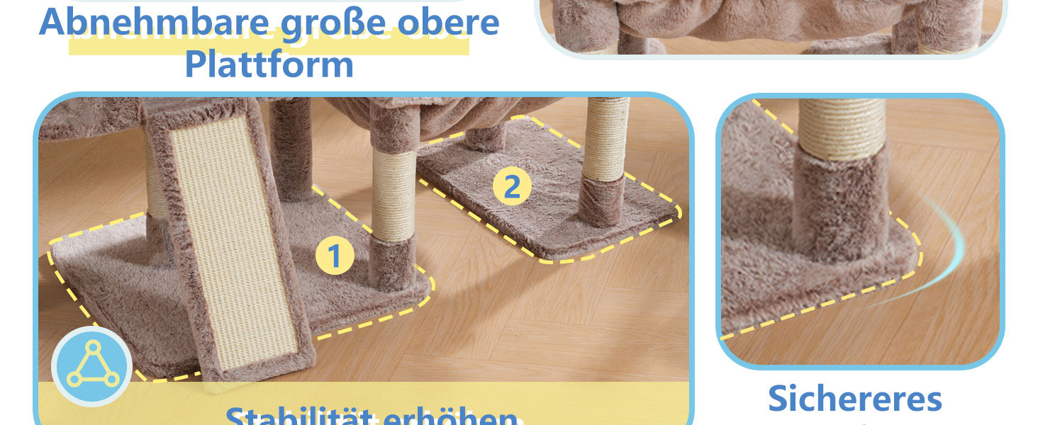 Котячий будиночок Hey-brother Kratzbaum з великими платформами для великих котів, 127 см, з драбиною, 2 печери, гамак, сизаль, кошик, MPJ071W (пісочний)