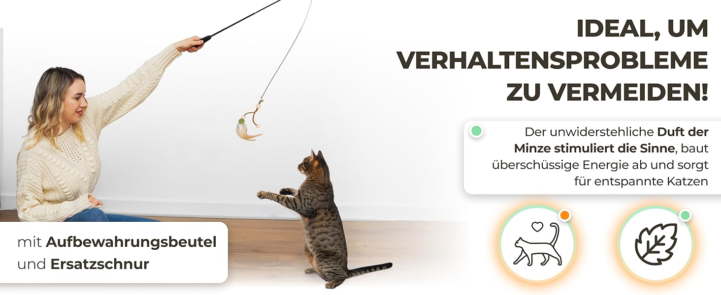 BuddyPaws® Паличка-пір'їна для котів Stabil – Інтерактивна іграшка з 4 пір'ями та котячою м'ятою, висувна 42-104 см, гнучка, з запасним шнуром, аксесуари для котів