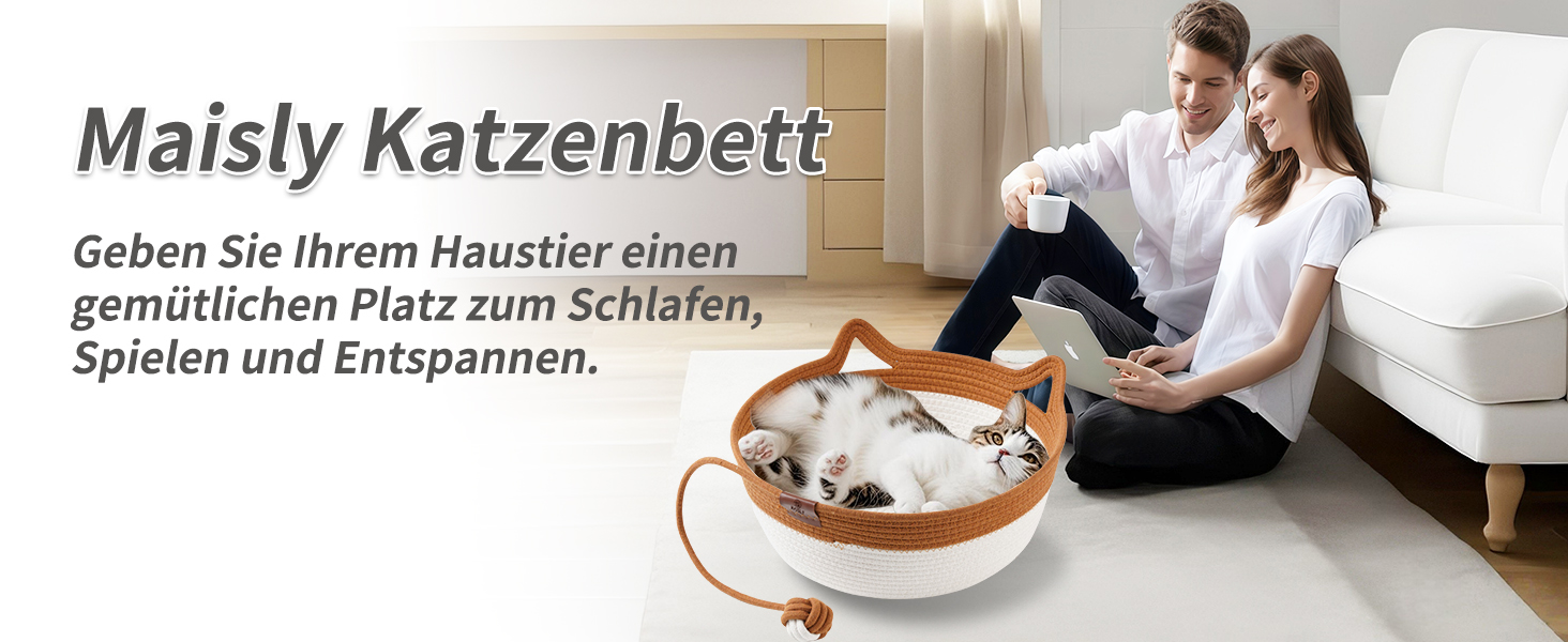 Ручне ткане ліжко для котів Maisly з бавовняного шнура, дихаюче та стійке до подряпин, складане гніздо для котів, універсальний кошик для домашніх тварин з іграшкою для котів та маленьких собак до 10 кг