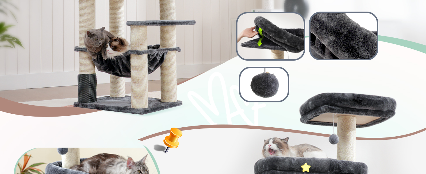Кігтеточка XXL для мейн-куна, 168 см, з гамаком, сизаловим стовпом (φ11 см), коморою, корзиною, 2 платформами, EMPJ01M (димно-сірий)