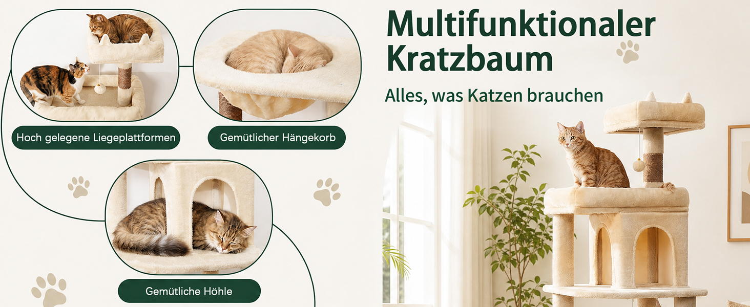 Комплекс для котів Kratzbaum XL 173 см бежевий: Дряпка, будиночок, платформа, кошик, сизаль