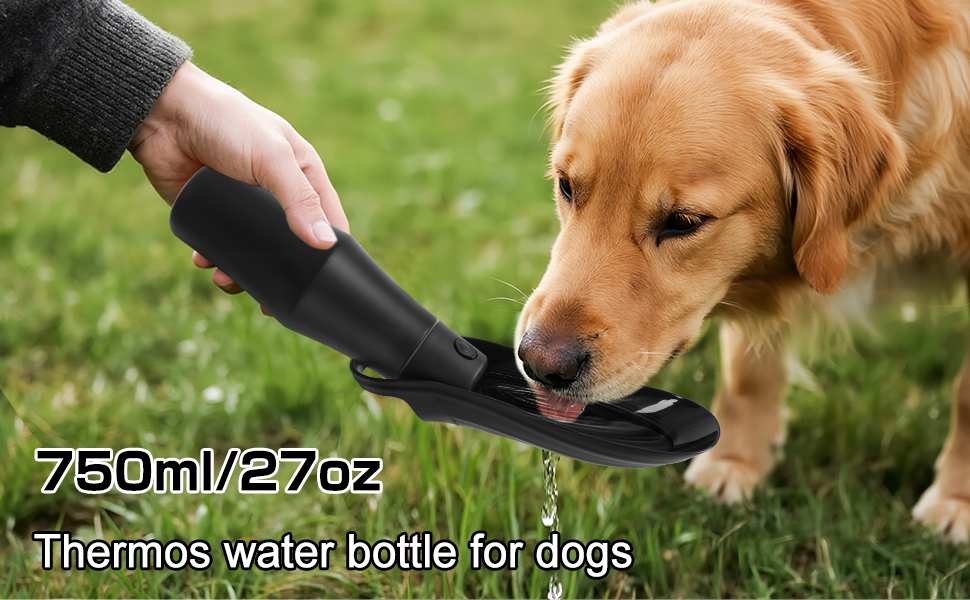 Водяна пляшка для собак на прогулянці - 750 мл, з нержавіючої сталі, подвійні стінки, вакуумна ізоляція, чорна, без витоку