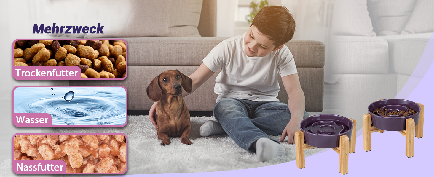 Антислизька годівниця для собак з кераміки, піднята - годівниця на бамбуковому підставці - для повільного годування - для маленьких та середніх собак - біла - діаметр 17 см