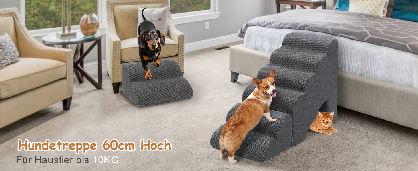 Східці для собак A.FATI 60 см, 6 сходинок, для ліжка, рампи для пружинного матрацу, неслизькі, для маленьких/травмованих собак та котів, темно-сірий колір