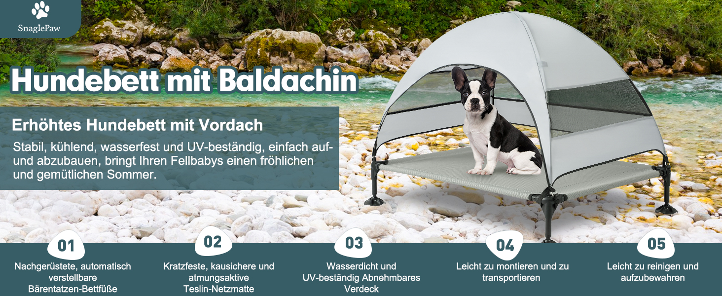 Лежанка для собак Snagle Paw з дахом, підвищене ліжко - стабільне собаче ліжко з антиковзкими ніжками, широка тінь - водонепроникна для великих собак в приміщенні/на вулиці, кемпінг та сад (Сірий, L106 x B76 x H84 см)