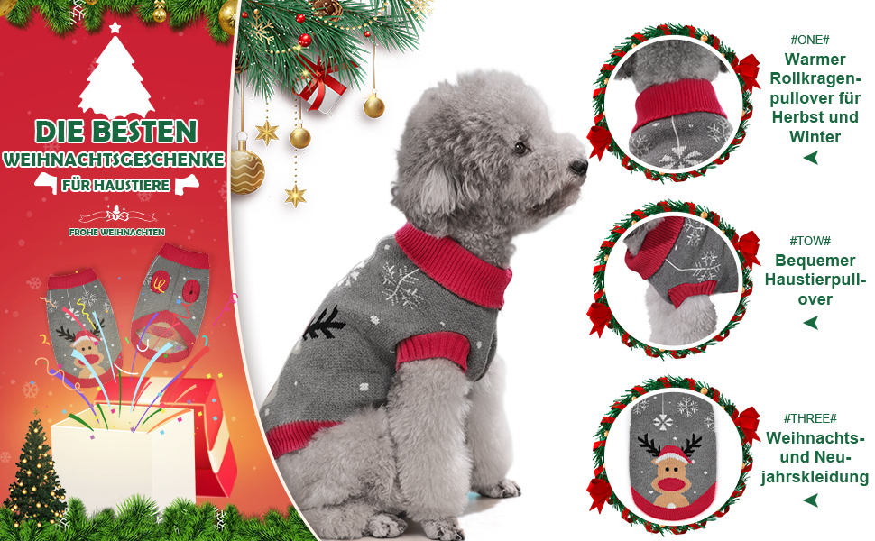 Пуловер для собак Elch Weihnachten: теплий зимовий пуловер з ролетним коміром для маленьких та середніх собак, сірий, XXL