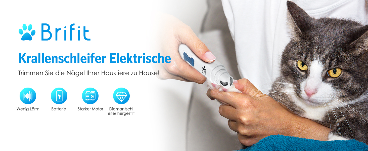 Електричний шліфувальник для собачих кігтів Brifit, тихий, для собак, котів та інших тварин, білий/сріблястий