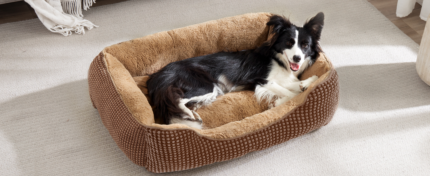 FURTIME Лежанка для собак середнього розміру, кошик для собак, миється, пухнаста, з неслизьким покриттям, заспокоююча лежанка для собак та котів середнього та малого розміру, 63x53x20 см, коричнева