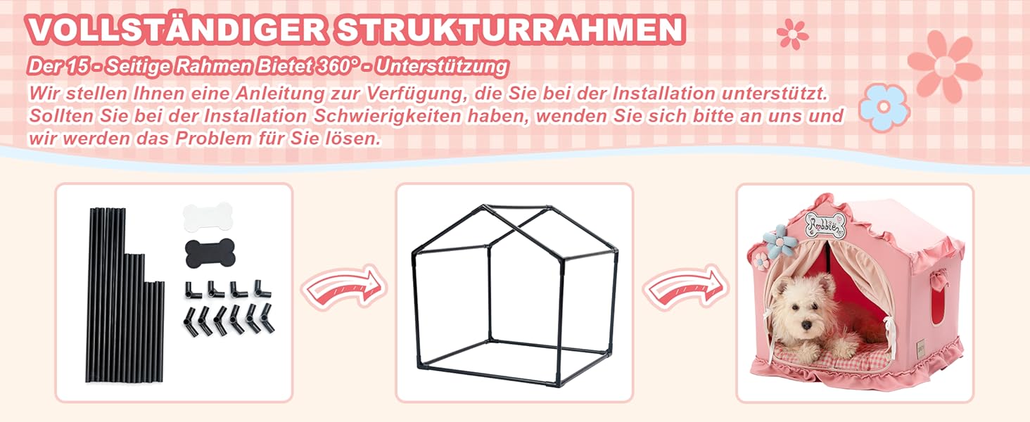 Будка для собак Jiupety, рожева, для дому, 43x43x43 см, складана, для собак 4-9 кг
