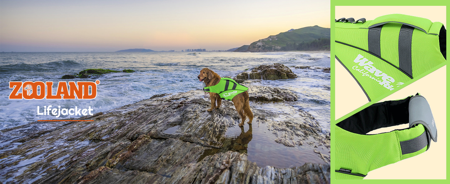 Жилет для плавання собаки ZOOLAND, великий, зелений. Регульований, довговічний, з світловідбиваючими елементами для собак маленьких, середніх та великих порід