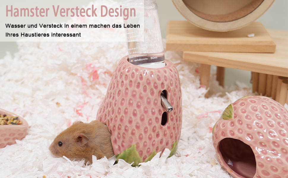 Келіві Водяна пляшка для хом'яків, керамічна, у формі полуниці, 80 мл, з двома некраплями, для сирійських хом'яків, мишей, ґризунів (червона)