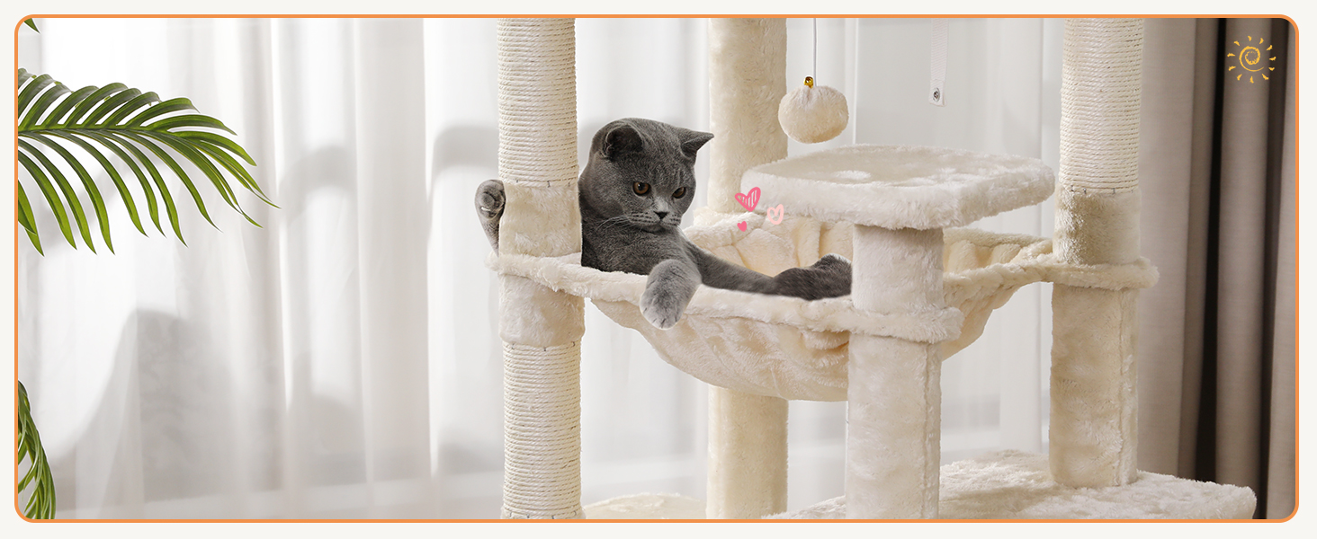 Кігтеточка для котів MSmask велика, стабільна, багатоярусна з 2 платформами, 2 будиночками, гамаком, сизалевими стовпчиками (Бежева, 160 см)