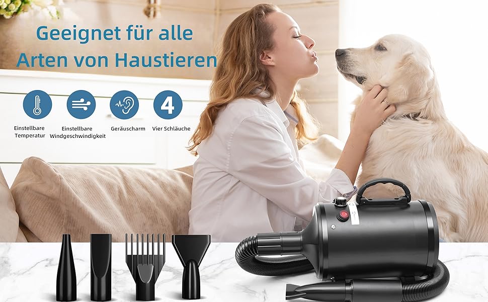 Фен для собак, 2800W, регулювання швидкості та температури, тихий, 4 насадки, для професійного та домашнього використання (Чорний)