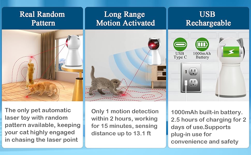 Інтерактивна іграшка для котів Petiepaw з лазером, автоматична, з випадковою траєкторією, перезарядна, для котів/кошенят/собак