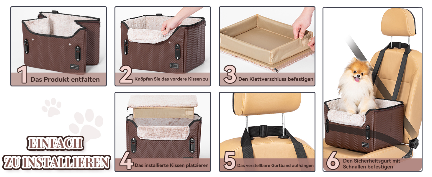 Автокрісло для собак Petfit, кошик для собак у машину, автоліжко для маленьких собак, з фіксатором ременя безпеки, знімні чохли, S, коричневе шкіряне