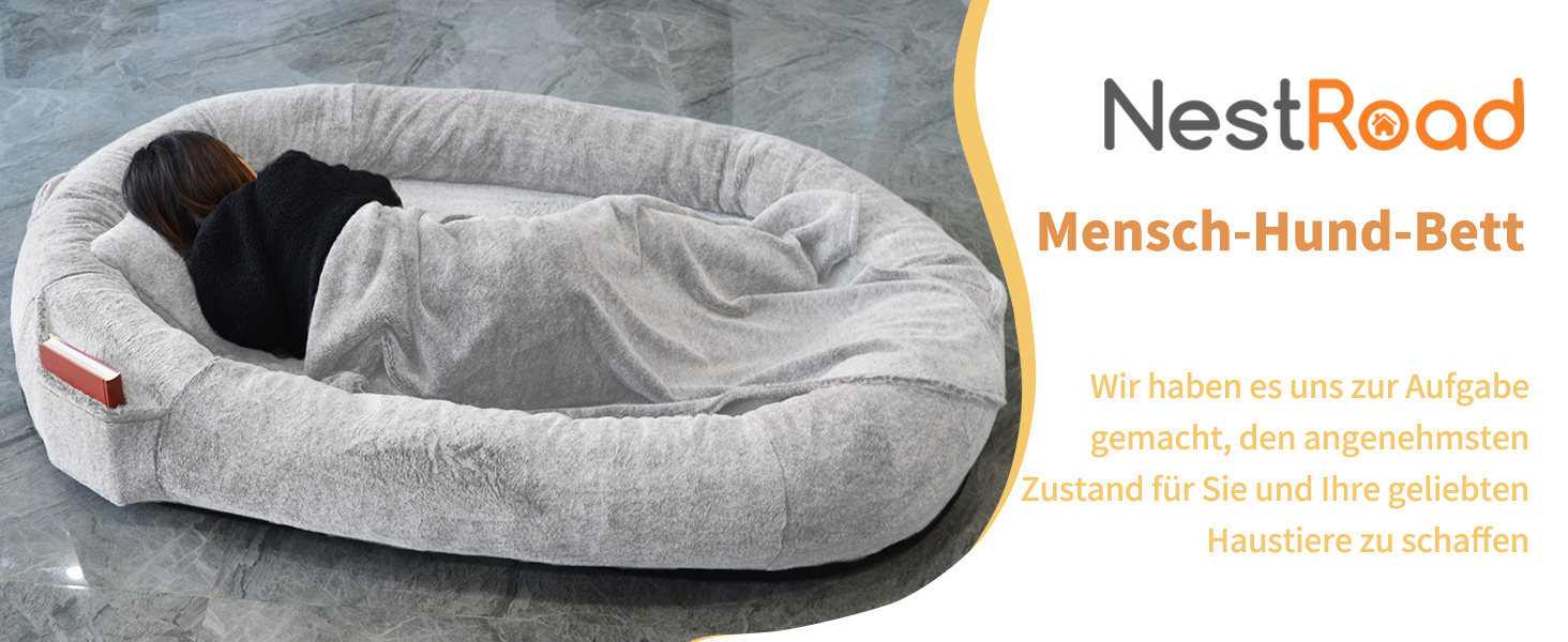 Крісло-мішок NESTROAD для собак та людей, 180x114x35 см, знімний чохол з штучного хутра, ковдра та подушка, сірий колір