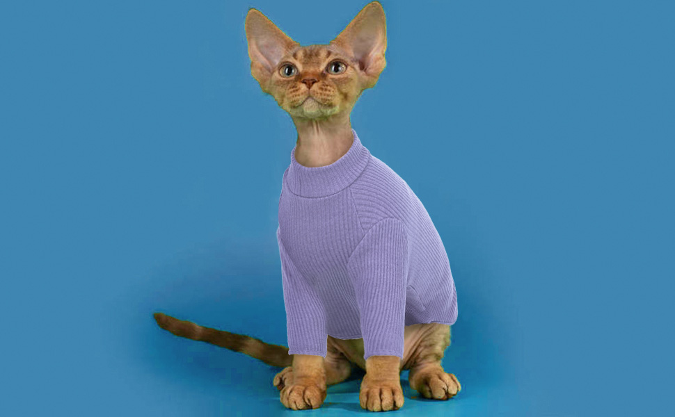 Одяг для безшерстої кішки Сфінкс: м'який пуловер з ролетним коміром, футболка та жилет з бавовни (Чорний, XL, A-фіолетовий)