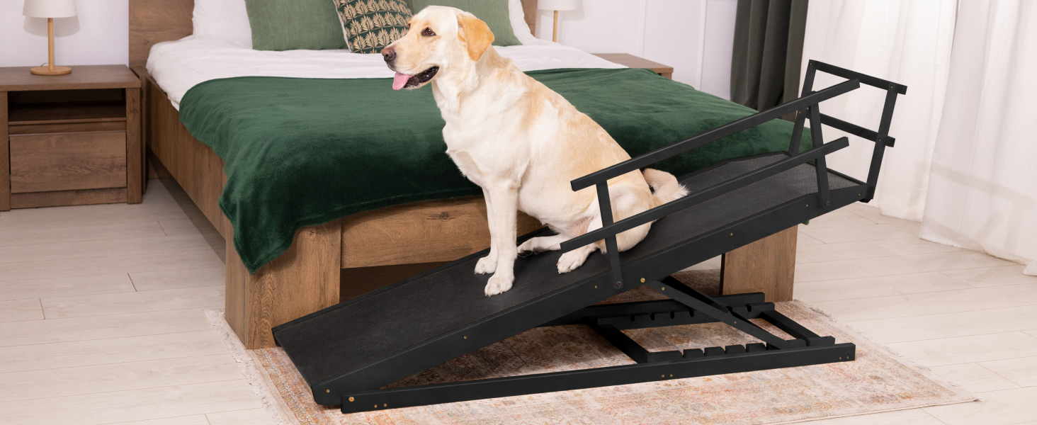 Східці для собак до ліжка з захисним бар'єром - для великих собак до 90 кг - регульована висота до 94.5 см - ширина 49.5 см - складані - антиковзні ручки - береза - натуральний колір (чорний)