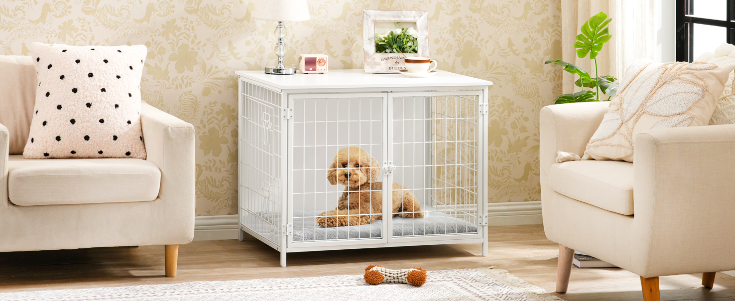 Клітка для собак з подушкою, 100 см, з двома дверцятами, з дерева, для маленьких, середніх та великих собак, біла ADCBW10701 (80 x 55 x 65 см)