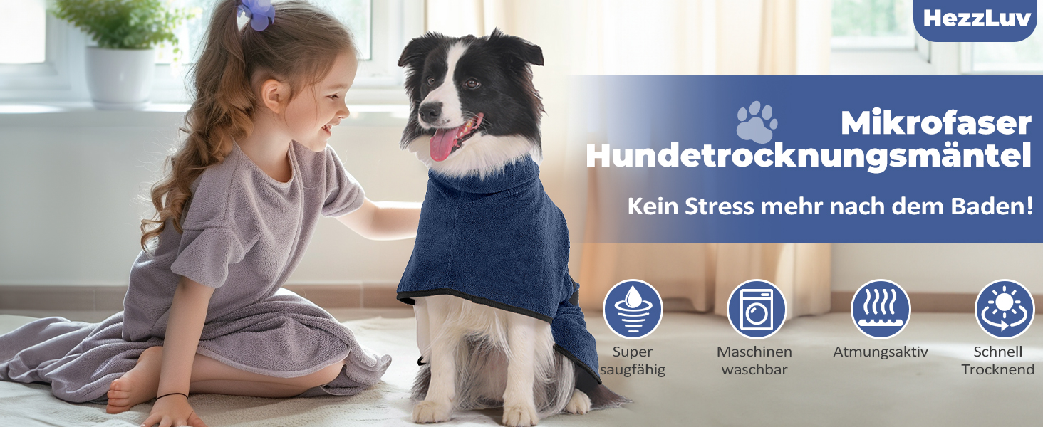 Рушник для собак з мікрофібри, халат для собак середніх та великих порід, швидковисихаючий, халат для собак з клямками (темно-синій XXL 2XL)