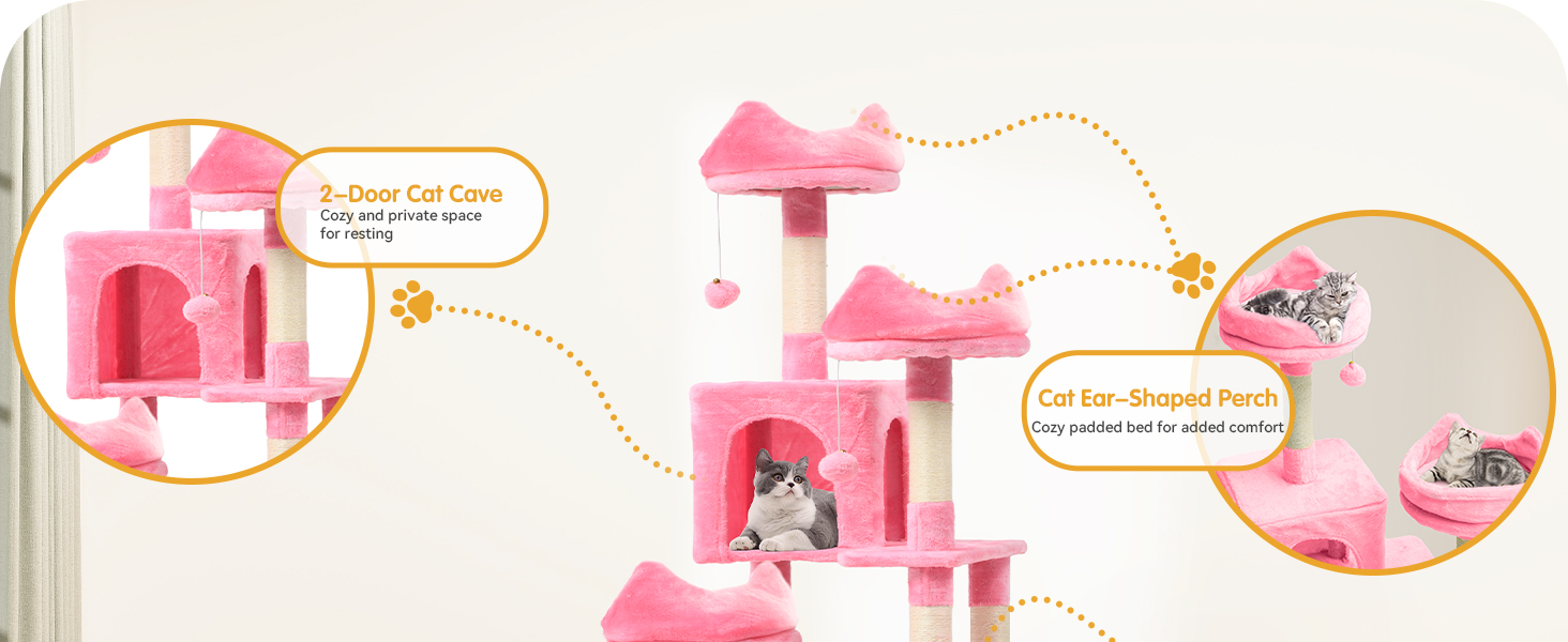 Кігтеточка YITAHOME для котів, велика, 190 см, з 8 стовпів з сизалю, 3 платформи, 2 печери, кошик, гамак, м'ячики, дошка для шліфування кігтів, рожева
