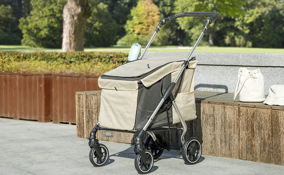 PawHut Будка-переноска для собак та котів, легка алюмінієва, складна, з подушкою, сіткою, дверима та кошиком для зберігання (Хакі)