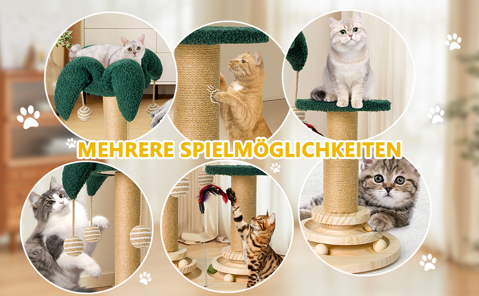 Інтерактивне котяче іграшкове комбо 6-в-1: дерев'яні меблі, кулі, пір'я, м'яч-трекер, котячий когтеточки з сизалю та джуту. Підходить для маленьких та середніх котів. Зелений колір.