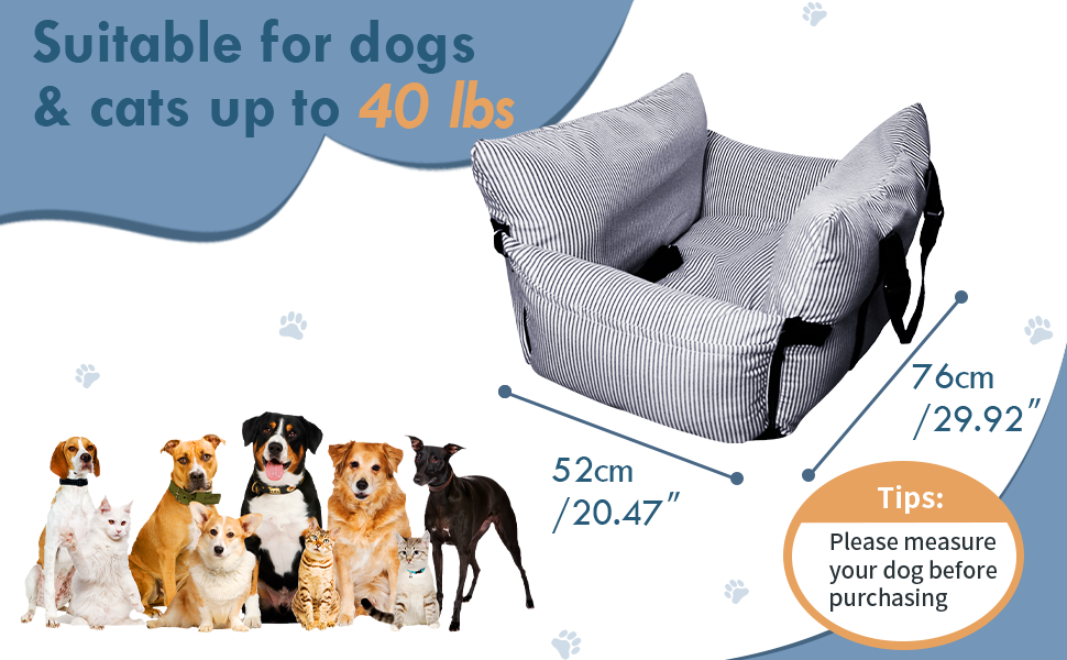 Автокрісло для собак - автокрісло-бустер для маленьких та середніх собак до 18 кг, з ременем безпеки та кишенями для зберігання, миється, антиковзаюча підставка (смугастий морський колір), 30x20.5 дюймів