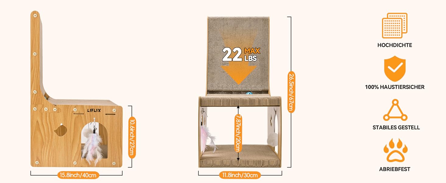 Крізь-дошка для котів LIFLIX L-подібної форми, 67 см, з будиночком для ігор та відпочинку, захист меблів