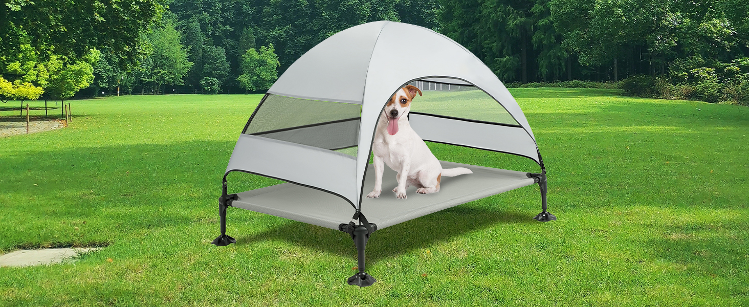 Лежанка для собак Snagle Paw з дахом, підвищене ліжко - стабільне собаче ліжко з антиковзкими ніжками, широка тінь - водонепроникна для великих собак в приміщенні/на вулиці, кемпінг та сад (Сірий, L106 x B76 x H84 см)