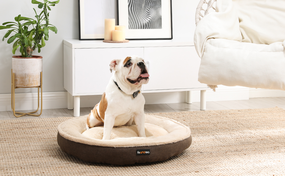 Ліжко для собак Feandrea, кошик для котів, доунат, діаметр 75 см, коричневий PGW075C01, розмір 75x75x12 см