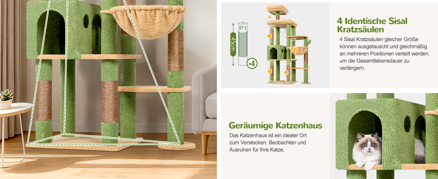 Драбина-будинок для котів Globlazer XL, 167 см, зелена, з платформами, корзиною та іграшками. Стабільна для 2-4 котів.