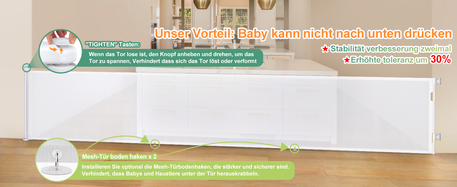 Розсувна захисна сітка для дитини та собаки, 400 см, біла. Захист для сходів/коридору/інтер'єру/екстер'єру. Висота 105 см, ширина 300 см.