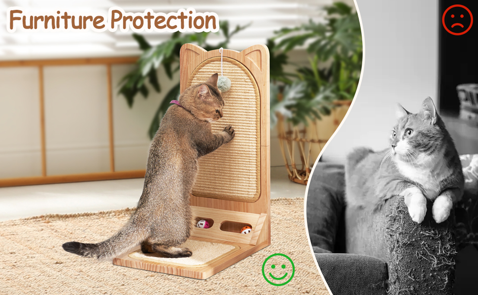 Котячий когтетоп MALOROY з масивного дерева, 58 см, L-подібний когтетоп з картону, стійкий, з іграшкою-м'ячиком, для стіни та кута