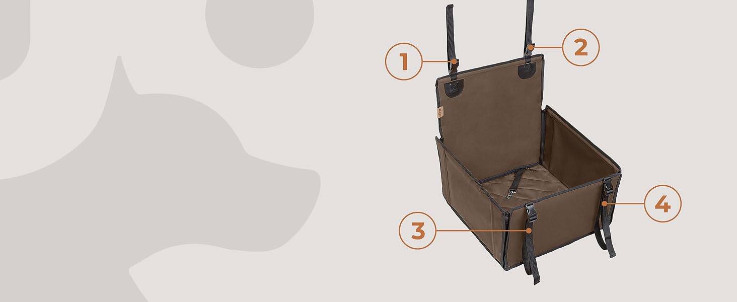 Автомобільний сидіння для собак WUGLO Extra Stable - посилене, для маленьких та середніх собак, 4 ремені, водонепроникне, коричневе