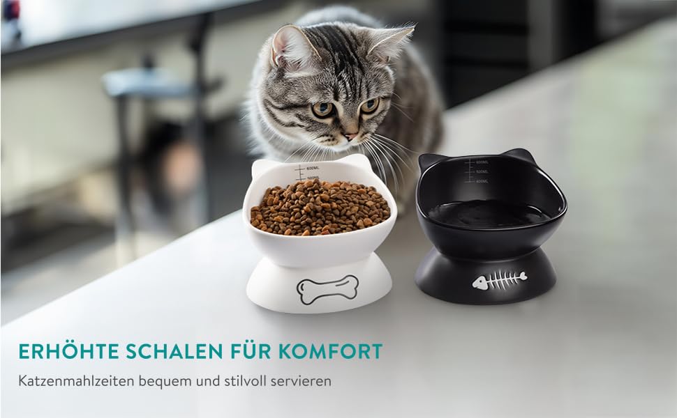 Набір мисок для котів Navaris: 2 миски по 400 мл з позначеннями об'єму, піднята годівниця, кераміка, стильний дизайн