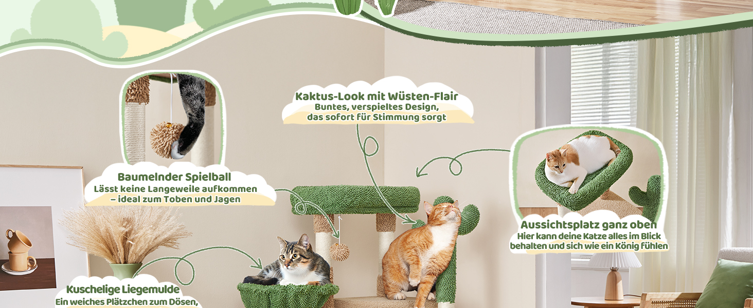 Дім-когтеточка для котів Yaheetech Kaktus: стабільна конструкція, оглядові платформи, печера, лежанка, сизаль, бежево-коричневий (коричнево-зелений, M)