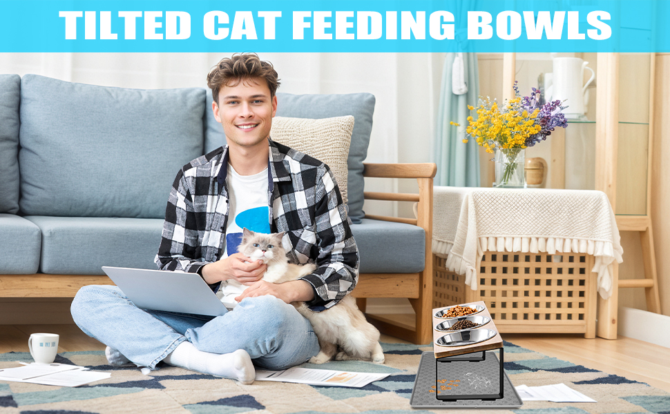 Підвищені годівниці для котів 3 шт. з нержавіючої сталі, 15° нахил, з підставкою з силікону та металевим кріпленням. Миска для корму та води для котів та маленьких собак