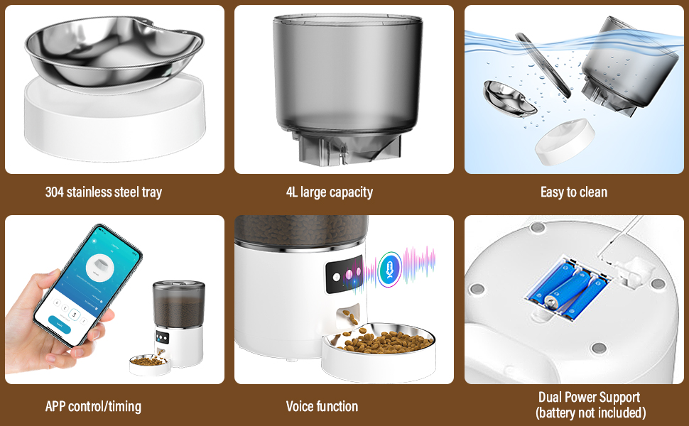 Автоматичний годівник для котів та собак, 4л, з миски з нержавіючої сталі, програмування до 10 прийомів їжі на день, просте керування