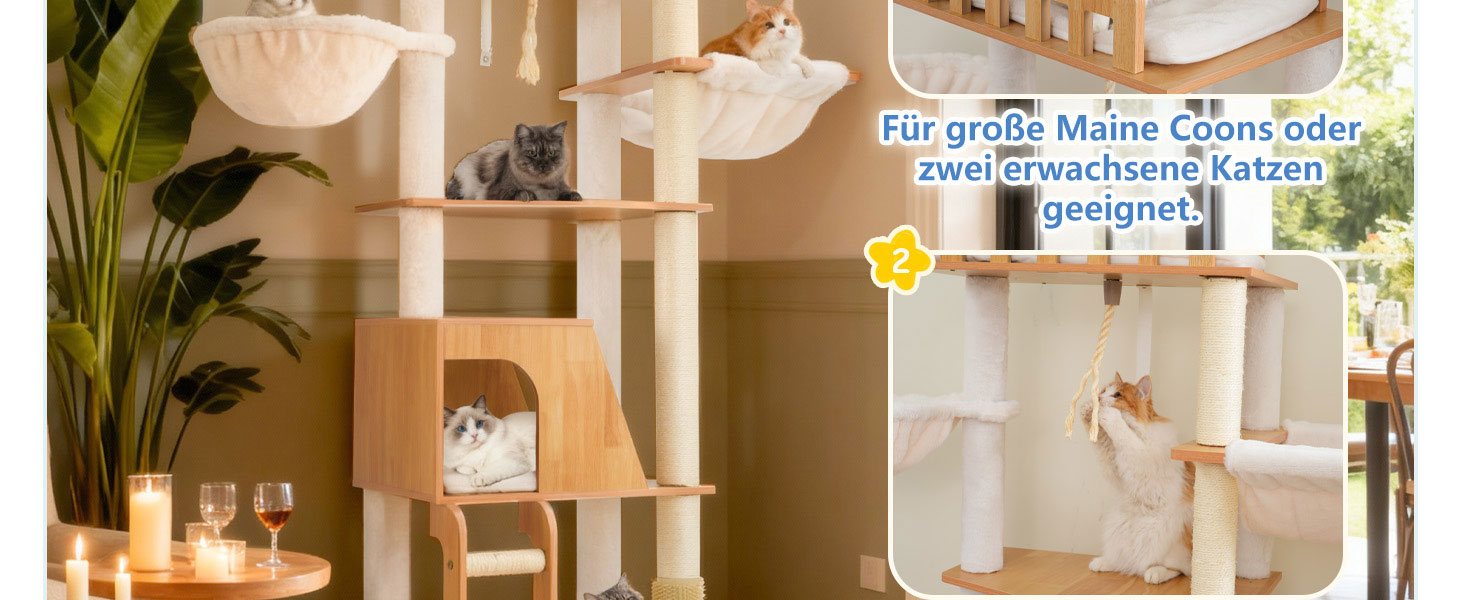 Дерев'яний кігтеточки Hey-brother Holz Kratzbaum 184 см для великих котів, багатоярусний, зі стійкою платформою, кошиком, будиночком, щіткою та драбиною, Noyer EMPJ121WB